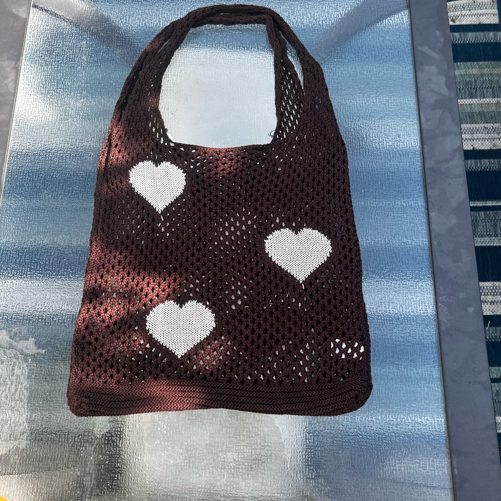 Brown Heart Patterned Women's crochet tote